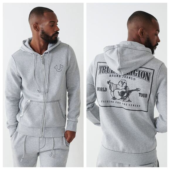 NWT True Religion Big T Zip Up Hoodie Heather Gray Jet Black Men’s Size Small‎ - Picture 1 of 8